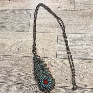 Turquoise and Red Feather Pendant Necklace